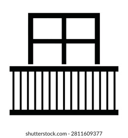 A minimalist flat black icon featuring a balcony railing and a simple window frame. This clean design is perfect for architectural concepts, building floor plans.