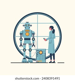 Minimalist flat character of a woman in a labcoat standing next to a retro futuristic robot. Egineering, robotics concept. vector illustration	