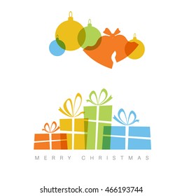 Minimalist Flat Christmas card with decorations and gifts boxes with simple overlay effect