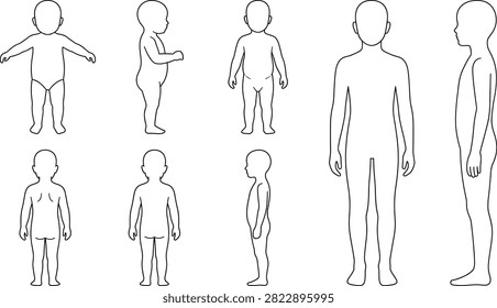 Minimalist flat color vector set of child and toddler human body anatomy figures for commercial fashion and medical educational design