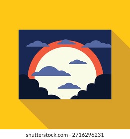 Minimalistisches Flachdesign eines großen hellen Mondes, der nachts durch Wolken scheint, einfache und elegante Vektorgrafik 