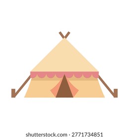 Minimalist flat design camping tent with pink accents in soft pastel colors, isolated on white.