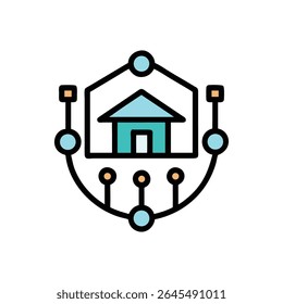 Minimalist flat design depicts a central house icon connected to network nodes. The color palette is light blue orange and black.