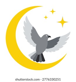 A minimalist flat design featuring a grey pigeon in flight against a bright yellow crescent moon and sparkling stars, representing peace, night, and nocturnal birds.