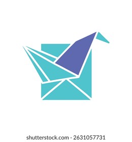Um design plano minimalista com um guindaste origami emergindo de um envelope. As cores azul-petróleo e violeta estão em um fundo branco.