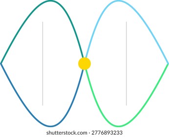 A minimalist flat design featuring a stylized double helix or sine wave with blue and green gradients on white background.