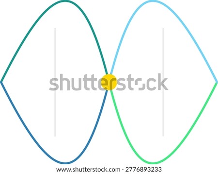 A minimalist flat design featuring a stylized double helix or sine wave with blue and green gradients on white background.