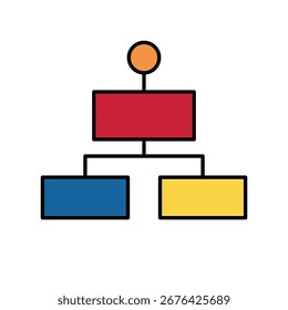 Minimalist flat design flowchart with connected shapes in orange, red, blue, and yellow, representing organizational structure or process hierarchy