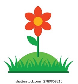 A minimalist flat design graphic featuring a single vibrant red flower with a yellow center blooming on a grassy mound surrounded by blades of grass.