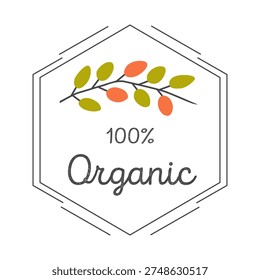 Minimalist flat design of a hundred percent organic product emblem with a hand drawn berry branch in a hexagon frame.