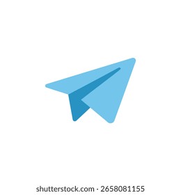 Icono de diseño plano y minimalista de un avión de papel azul en pleno vuelo, que transmite una sensación de movimiento y comunicación.