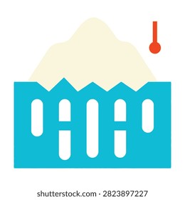 Minimalist flat design icon of a blue picket fence covered by a pile of white snow. A red thermometer indicates freezing weather conditions. Perfect for winter themes.