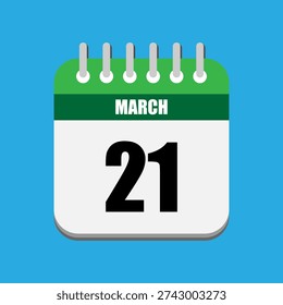 A minimalist flat design icon of a calendar displaying the date March 21st, with a green header and a clean blue background.