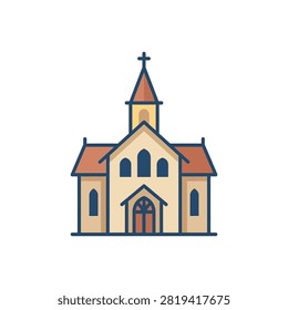 A minimalist flat design icon of a classic church with a steeple cross and arched windows