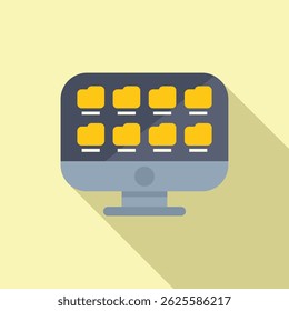 Minimalist flat design icon of a desktop computer with folder graphics on the screen