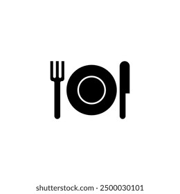 Minimalist flat design icon of a dining plate with cutlery. Ideal for culinary businesses and food-related services.