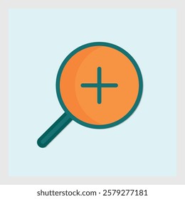 A minimalist flat design icon featuring an orange magnifying glass with a plus sign for zooming in