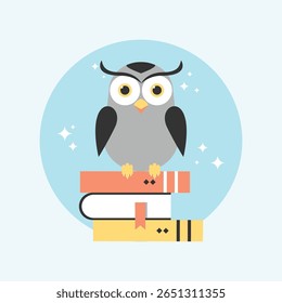 A minimalist, flat design icon featuring an owl perched on an open book, symbolizing knowledge, wisdom, and learning in a clean, modern style.