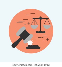 Um ícone de design plano minimalista com um martelo de um juiz, simbolizando justiça, lei e processos legais. Limpe linhas e formas simples.