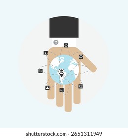 Ein minimalistisches, flaches Design-Symbol mit einer globalen Hand, die Verbindung, Kommunikation und weltweite Reichweite symbolisiert. Diese saubere Grafik eignet sich ideal für digitale Anwendungen und Druckanwendungen.