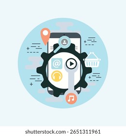 A minimalist, flat design icon featuring a cogwheel with a marker element, suitable for technology, engineering, or business concepts. Clean lines and simple shapes.