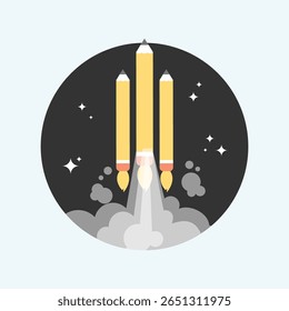 A minimalist, flat design icon featuring a rocket propelled by a pencil, symbolizing creativity, innovation, and forward momentum in a clean, modern style.