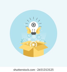 A minimalist, flat design icon featuring a light bulb inside a simple box, representing ideas, innovation, or creative solutions in a clean, modern style.