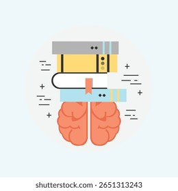 A minimalist, flat design icon featuring a brain intertwined with an open book, symbolizing knowledge, learning, and intelligence. Ideal for educational or cognitive themes.
