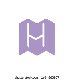 Um ícone de design plano minimalista com um mapa roxo dobrado com uma letra branca H no centro. Limpo e moderno.