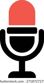 Um ícone de design plano minimalista com um microfone preto com um top vermelho proeminente, simbolizando gravação de áudio, transmissão e comunicação.