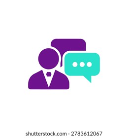 Minimalist flat design icon featuring a businessman silhouette with speech bubbles, perfect for customer support, live chat, and communication-themed projects. Ideal for apps, websites, and present...