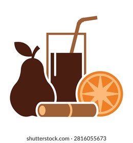 A minimalist flat design icon featuring a glass of juice with a straw, a fresh pear, a slice of orange, and a cinnamon stick, perfect for health and diet concepts.