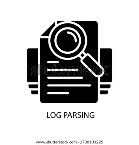 Minimalist flat design icon illustrating log parsing and data analysis with a magnifying glass over digital files, ideal for tech and business presentations.