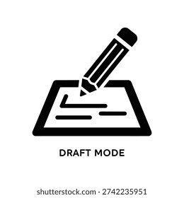 Minimalist flat design icon of a pencil writing in draft mode on a digital tablet screen, ideal for editing, creativity, and workflow concepts.