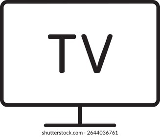 Um ícone de design plano minimalista de uma televisão com um suporte, renderizado em linhas pretas sobre um fundo branco.
