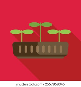Minimalist flat design icon of three young plants growing from pot with long shadow on red background