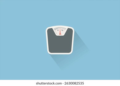 A minimalist flat design illustration of a bathroom scale with a black surface and white border, displayed against a light blue background.
