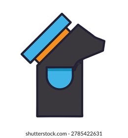 A minimalist, flat design illustration of a black backpack with blue and orange accents, featuring a main compartment and a front pocket.