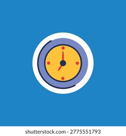 A minimalist flat design illustration of a circular clock with red hands and markers on a yellow face, surrounded by a purple ring and white border, set against a solid blue background.