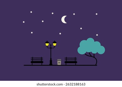 Minimalist flat design illustration of a city park at night, with glowing street lamps and a calm ambiance. Modern and elegant style, suitable for night-time urban themes.