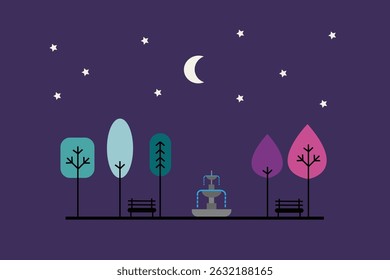 Minimalist flat design illustration of a city park at night, with glowing street lamps and a calm ambiance. Modern and elegant style, suitable for night-time urban themes.