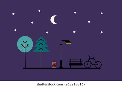 Minimalist flat design illustration of a city park at night, with glowing street lamps and a calm ambiance. Modern and elegant style, suitable for night-time urban themes.