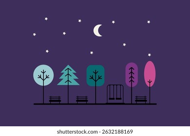 Minimalist flat design illustration of a city park at night, with glowing street lamps and a calm ambiance. Modern and elegant style, suitable for night-time urban themes.