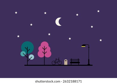 Minimalist flat design illustration of a city park at night, with glowing street lamps and a calm ambiance. Modern and elegant style, suitable for night-time urban themes.