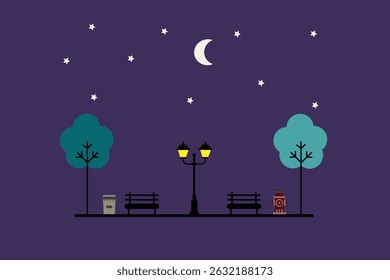 Minimalist flat design illustration of a city park at night, with glowing street lamps and a calm ambiance. Modern and elegant style, suitable for night-time urban themes.