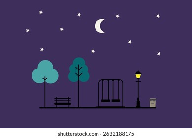 Minimalist flat design illustration of a city park at night, with glowing street lamps and a calm ambiance. Modern and elegant style, suitable for night-time urban themes.