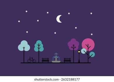 Minimalist flat design illustration of a city park at night, with glowing street lamps and a calm ambiance. Modern and elegant style, suitable for night-time urban themes.