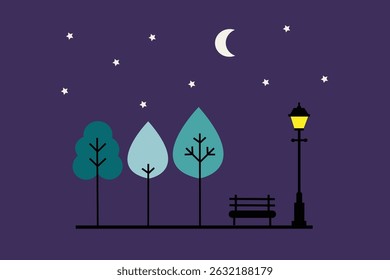 Minimalist flat design illustration of a city park at night, with glowing street lamps and a calm ambiance. Modern and elegant style, suitable for night-time urban themes.