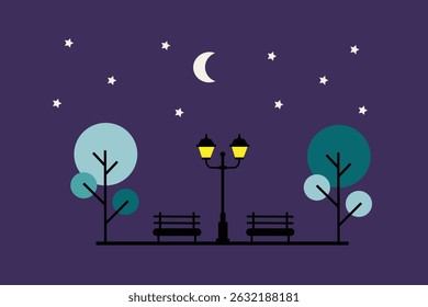 Minimalist flat design illustration of a city park at night, with glowing street lamps and a calm ambiance. Modern and elegant style, suitable for night-time urban themes.