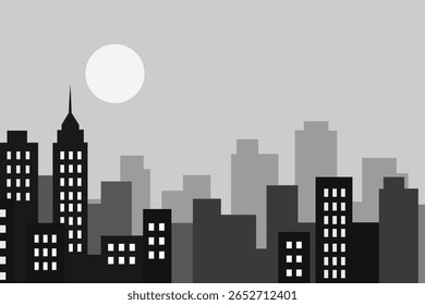 Um design plano minimalista ilustração de um horizonte da cidade em vários tons de cinza, com um sol branco. Perfeito para fundos ou temas monocromáticos.